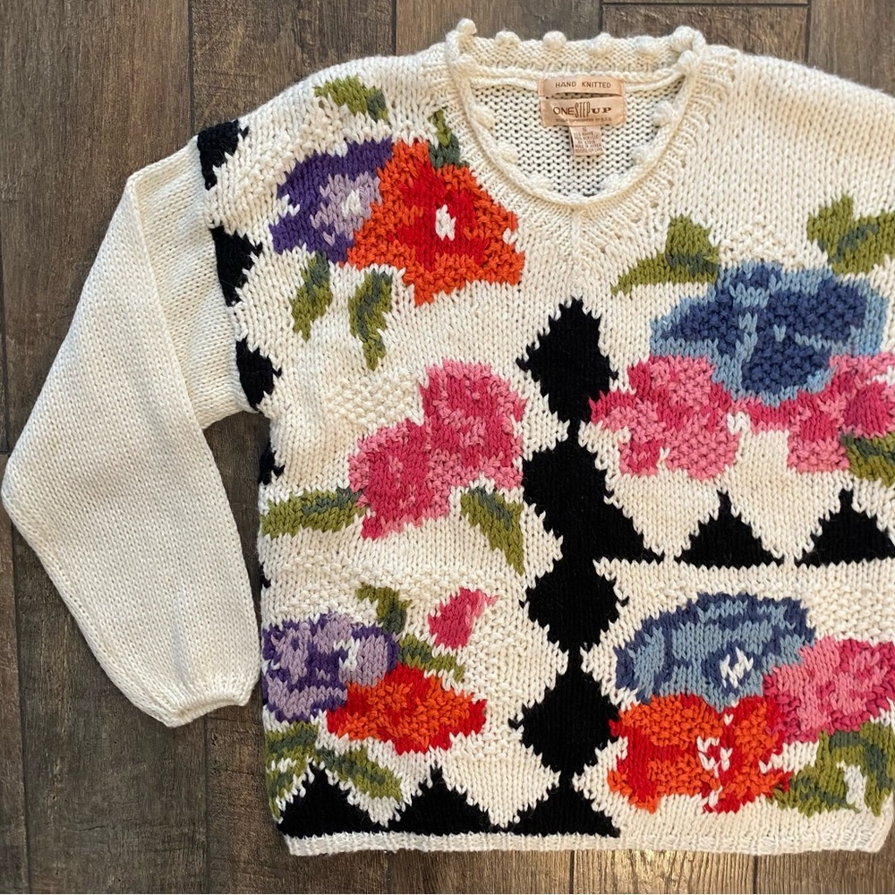 vintage nwt 80s deadstock hand-knit cream sweater with multicolor florals
